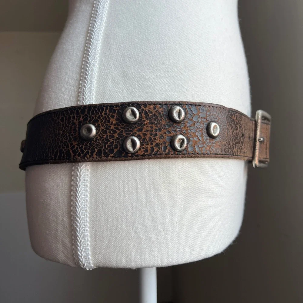 Vintage 90s Distressed Leather Studded Belt Brown Crackle Texture Western Boho